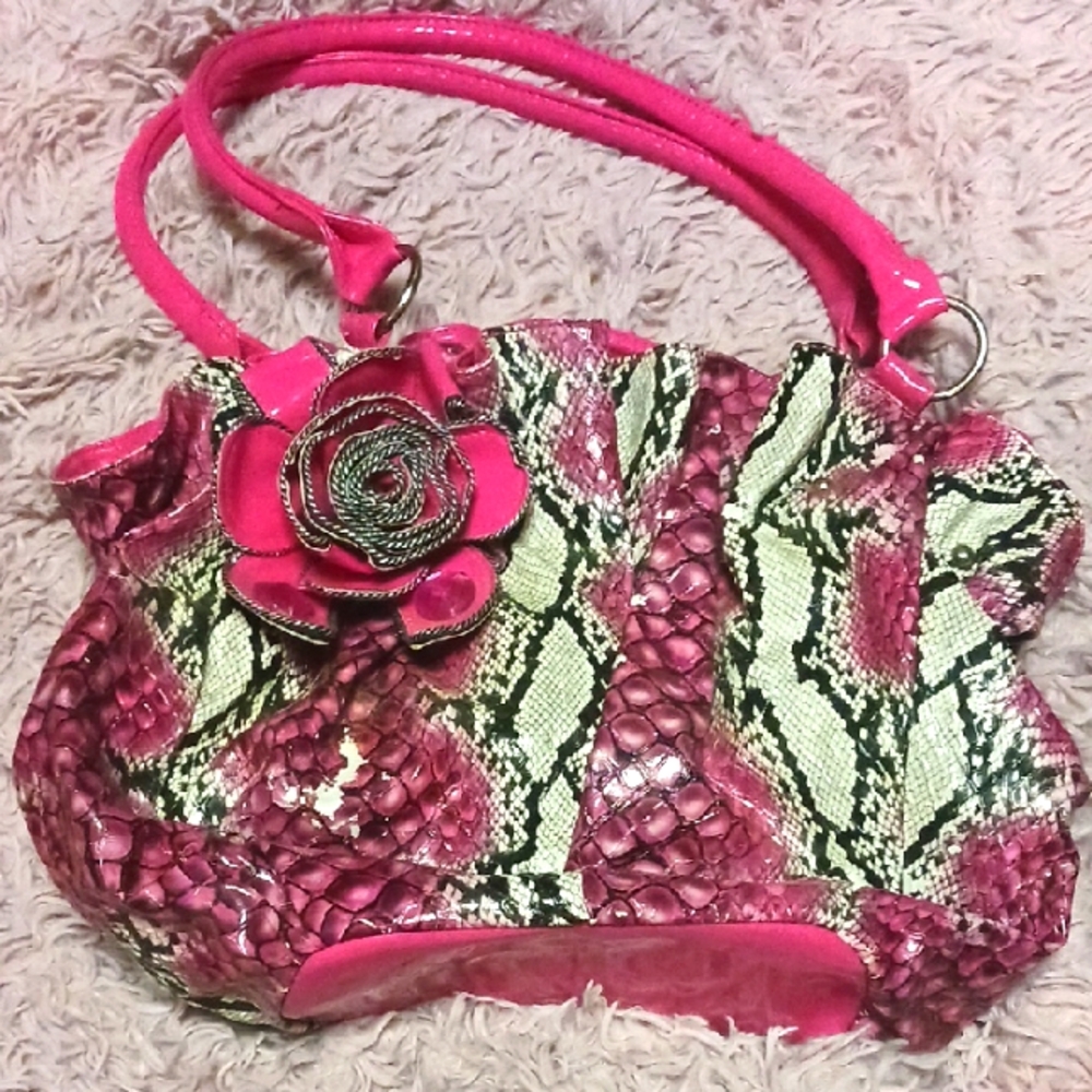 Pink and Green Snake Print Handbag